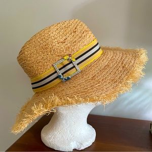 Steve Madden Straw Hat with Ribbon and Bumble Bee and Rhinestone Embellishments